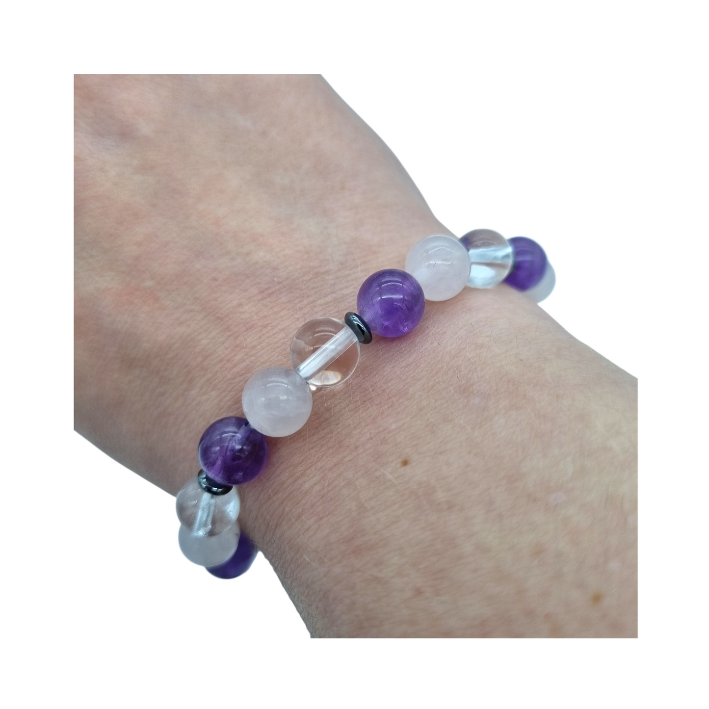 Armband Goldenes Dreieck (Rosenquarz/Bergkristall/Amethyst)/ Hämatin